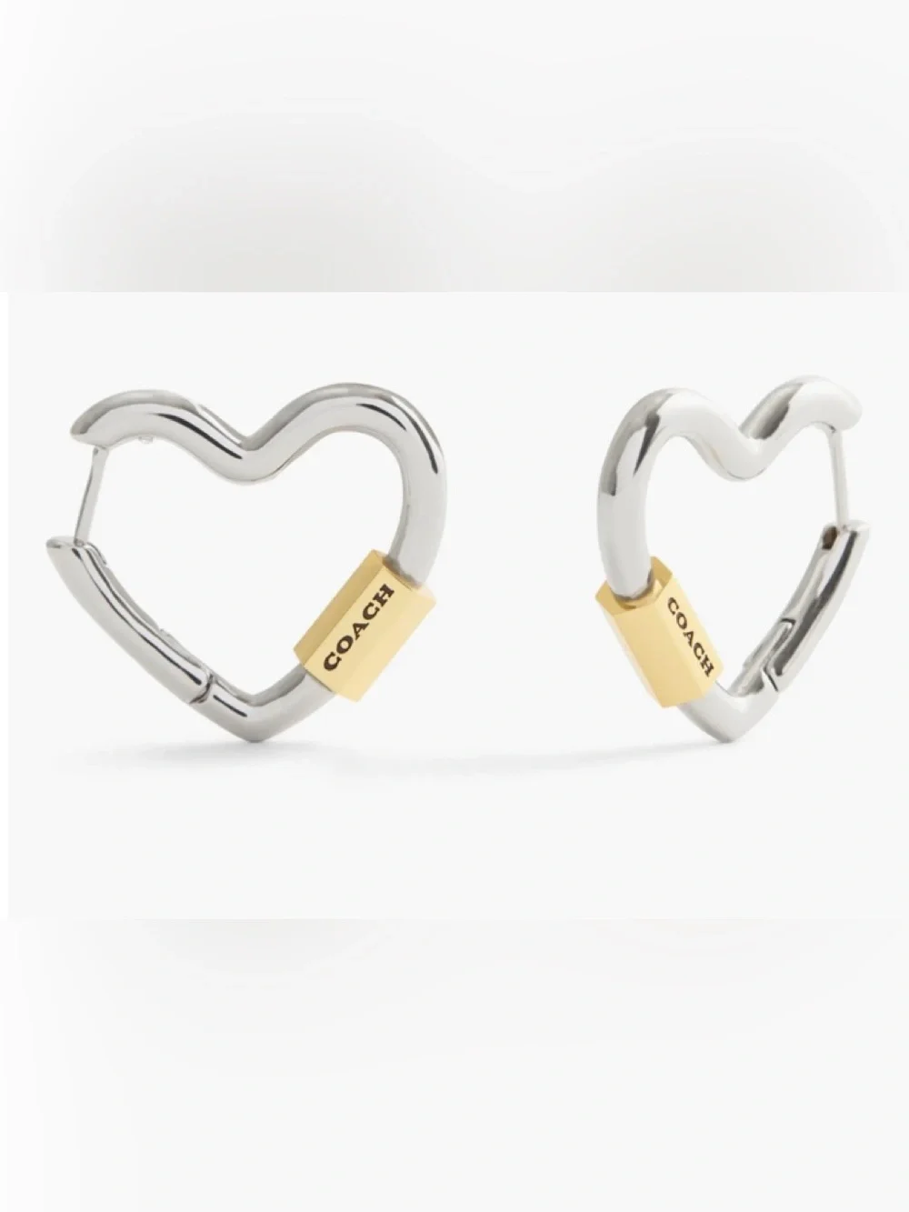 NWT COACH 2024 collection  Silver-Tone Heart Hoop Earrings with Gold Plaque - Picture 5 of 8